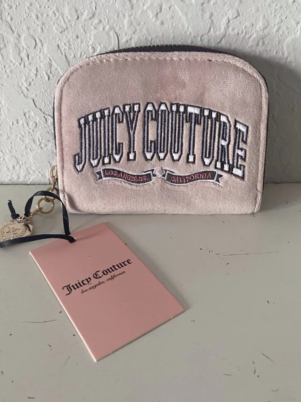 Juicy Couture Couture University Mini Compact Wallet Embroidered Dusty Blush NEW